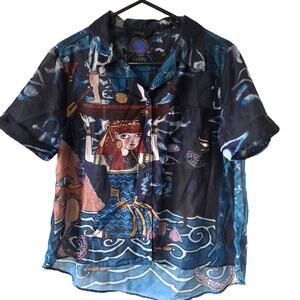 Vintage Egyptian Scene Button Up Initial Shirt Large Sheer Weird Funky